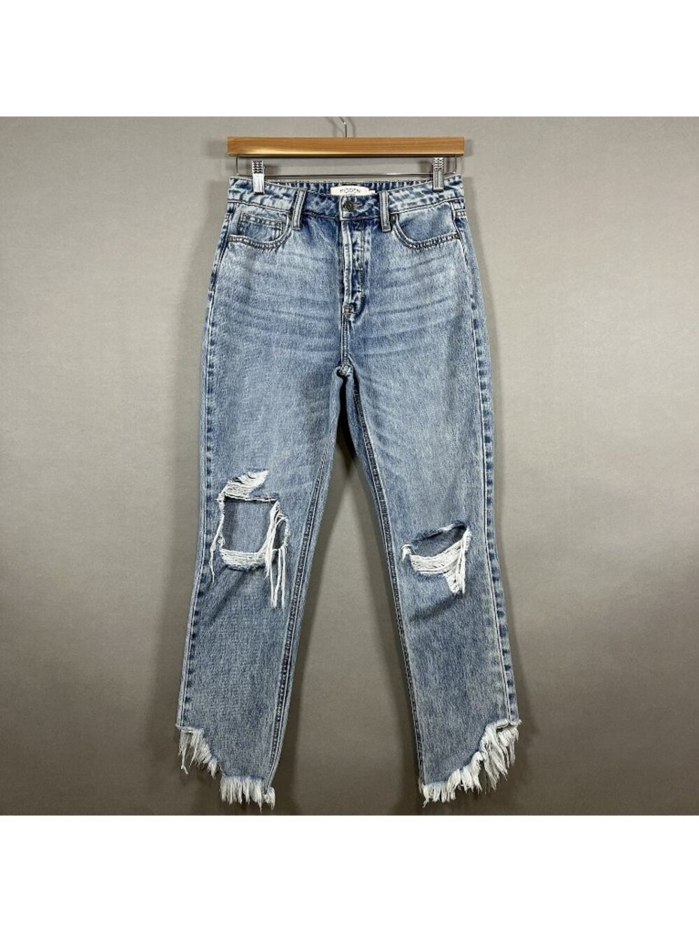 Hidden Blue Button Fly Distressed Raw Hem Jeans